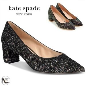 Kate Spade Menorca Shimmer Block Heel Pumps Black Glitter Pointed Toe Shoes 5.5